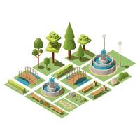 isometrisch einstellen von Aussicht Design Elemente zum Garten Landschaft und draussen Stadt Park. 3d Illustration. einstellen von städtisch Öffentlichkeit Park Objekte isoliert auf Weiß Hintergrund. vektor