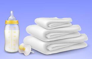 uppsättning av bebis vård Tillbehör. realistisk illustration av vit bomull handdukar, napp och flaska mjölk e med silikon nippel för matning nyfödda. 3d objekt isolerat på blå bakgrund vektor