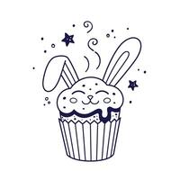 Ostern Kuchen mit Sahne Hase Ohr im Karikatur Stil. Ostern Gebäck mit Hase Ohren. Gekritzel Stil. Hand gezeichnet Linie Kunst Illustration isoliert auf Weiß Hintergrund. Kinder Färbung Buch. vektor