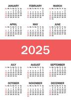 kalender 2025. de vecka börjar på söndag. årlig kalender 2025 mall. företag kalender i en minimalistisk stil. vektor