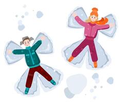 ein Junge und ein Mädchen Lüge auf das Schnee und machen Schnee Engel. Winter Zeichnung im Karikatur Stil. vektor