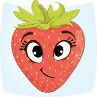 tecknad serie illustration av en leende jordgubb på ljus blå bakgrund. rolig mat karaktär. illustration. vektor