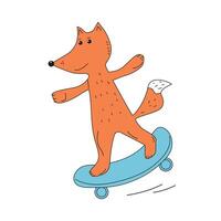 söt räv rider en skateboard. sporter djur. aktiva livsstil. klotter, teckning. illustration på vit isolerat bakgrund. vektor