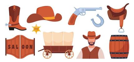 vild väst ikoner, uppsättning. Västra och cowboy element. skylt, salong dörr, ville ha affisch, sheriff bricka, kaktus, ko skalle, cowboy hatt, revolver, vagn. texas symboler. vektor