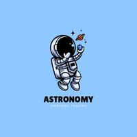 Astronaut schwebend mit Mond, Planet Orbit Karikatur Logo Symbol Design Illustration zum Astronomie Wissenschaft Technologie Logo Vorlage vektor