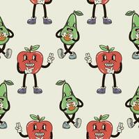ein nahtlos Muster mit lustig, süß und lächelnd Apfel und Avocado Charakter im ein groovig Stil vektor
