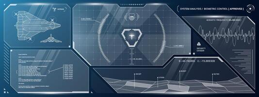 vr hud futuristisch Cyberspace Steuerung Tafel. Technologie Kopf oben Anzeige Ziel und Befehl Center ui Bildschirm. gui Digital virtuell Schnittstelle Hallo Technik Visier Vorlage. fui sci fi Raumschiff Cockpit Instrumententafel vektor