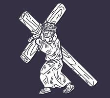 Jesus trägt das Kreuz mit Krone von Dornen und Blut Karikatur Grafik vektor