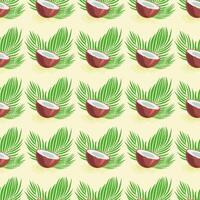 nahtlos Muster mit Hälfte ein Kokosnüsse und Palme Blätter. Sommer- Hintergrund. Vorlage zum Stoff, Hintergrund, Verpackung Papier vektor