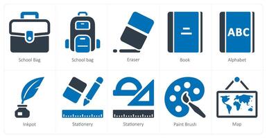 en uppsättning av 10 skola och utbildning ikoner som skola väska, suddgummi, bok vektor