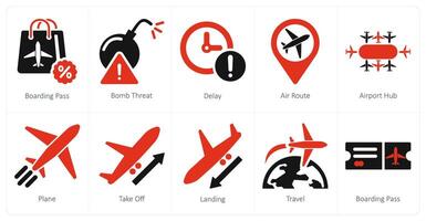 en uppsättning av 10 flygplats ikoner som ombordstigning passera, bomba hot, fördröjning vektor