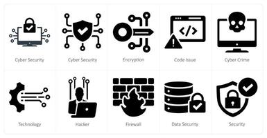en uppsättning av 10 cyber säkerhet ikoner som cyber säkerhet, kryptering, koda problem vektor