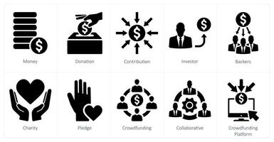 ein einstellen von 10 Crowdfunding Symbole wie Geld, Spende, Beitrag, Investor vektor