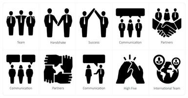 ein einstellen von 10 Zusammenarbeit Symbole wie Team, Handschlag, Erfolg vektor