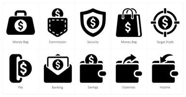 en uppsättning av 10 finansiera ikoner som pengar väska, provision, säkerhet vektor