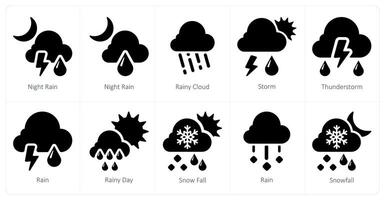 ein einstellen von 10 Wetter Symbole wie Nacht Regen, regnerisch Wolke, Sturm vektor