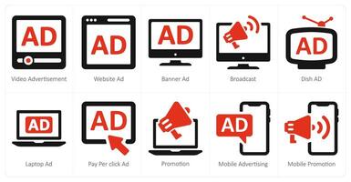 ein einstellen von 10 Anzeigen und Marketing Symbole wie Zahlen pro klicken Anzeige, Webseite Anzeige, Banner Anzeige vektor