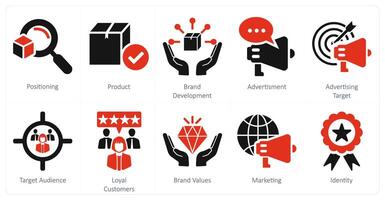 en uppsättning av 10 branding ikoner som positionering, produkt, varumärke utveckling vektor