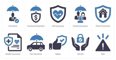 ein einstellen von 10 Versicherung Symbole wie finanziell Schutz, Leben Versicherung vektor