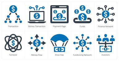 en uppsättning av 10 crowdfunding ikoner som transaktion, pengar transaktion, betalning sida vektor