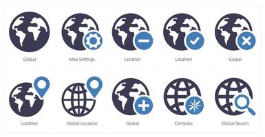 en uppsättning av 10 navigering ikoner som global, Karta inställningar, plats vektor