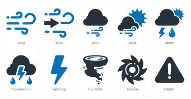en uppsättning av 10 väder ikoner som vind, storm, åskväder vektor