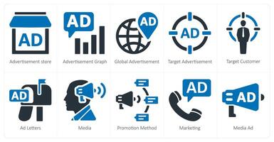 ein einstellen von 10 Anzeigen und Marketing Symbole wie Werbung speichern, Werbung Graph, global Werbung vektor