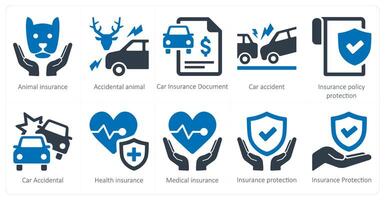 en uppsättning av 10 försäkring ikoner som djur- försäkring, olycklig djur, bil försäkring dokumentera vektor