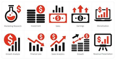 en uppsättning av 10 finansiera ikoner som marknadsföring forskning, investering, försäljning vektor