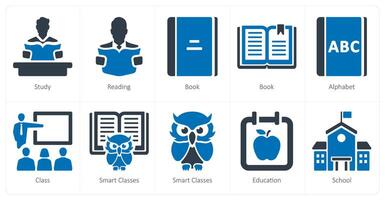 en uppsättning av 10 skola och utbildning ikoner som studie, läsning, bok vektor