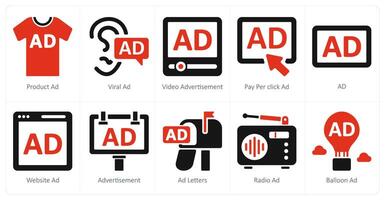 en uppsättning av 10 annonser och marknadsföring ikoner som produkt annons, viral annons, annons vektor