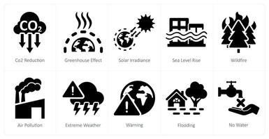 ein einstellen von 10 Klima Veränderung Symbole wie co2 die Ermäßigung, Gewächshaus Wirkung, Solar- Bestrahlungsstärke vektor