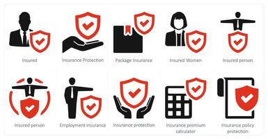 en uppsättning av 10 försäkring ikoner som försäkrad, försäkring skydd, paket försäkring vektor