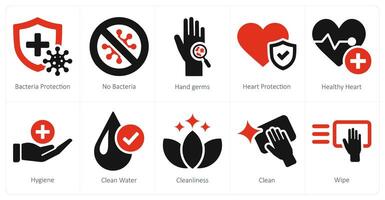 ein einstellen von 10 Hygiene Symbole wie Bakterien Schutz, Nein Bakterien, Hand Keime vektor