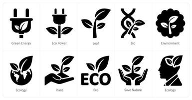 en uppsättning av 10 ekologi ikoner som grön energi, eco kraft, blad vektor