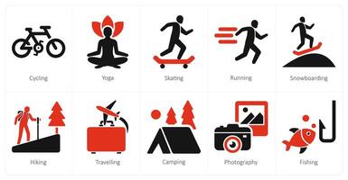 en uppsättning av 10 hobby ikoner som cykling, yoga, skridskoåkning vektor