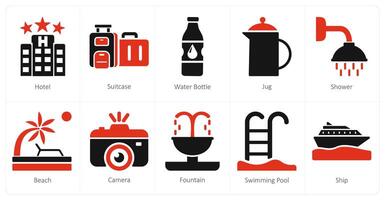 en uppsättning av 10 blanda ikoner som hotell, resväska, vatten flaska vektor