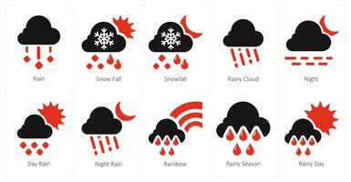 en uppsättning av 10 väder ikoner som regn, snöfall, regnig moln vektor