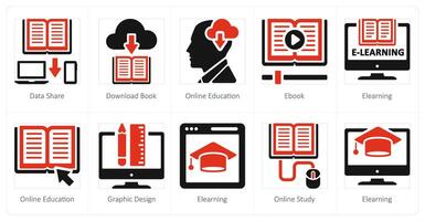 en uppsättning av 10 uppkopplad utbildning ikoner som data dela med sig, ladda ner bok, onlineutbildning vektor