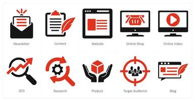 ein einstellen von 10 Digital Marketing Symbole wie Newsletter, Inhalt, Webseite vektor