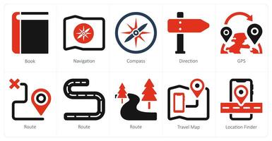 ein einstellen von 10 Reise und Ferien Symbole wie Buch, Navigation, Kompass vektor