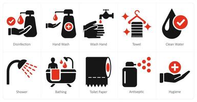en uppsättning av 10 hygien ikoner som desinfektion, hand tvätta, tvätta händer vektor