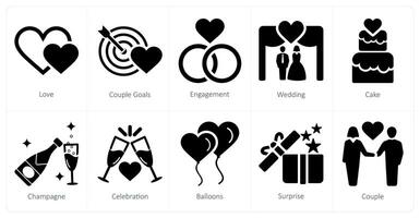 en uppsättning av 10 smekmånad ikoner som kärlek, par mål, engagemang vektor