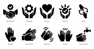 ein einstellen von 10 Hände Symbole wie Vereinbarung, verwalten, Nächstenliebe vektor