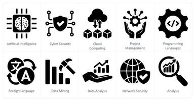 ein einstellen von 10 schwer Kompetenzen Symbole wie künstlich Intelligenz, Cyber Sicherheit, Wolke Computing vektor