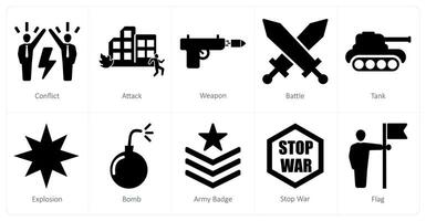 en uppsättning av 10 blanda ikoner som konflikt, ge sig på, vapen vektor