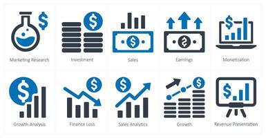 en uppsättning av 10 finansiera ikoner som marknadsföring forskning, investering, försäljning vektor