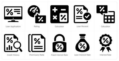 en uppsättning av 10 lån och skuld ikoner som lån Ansökan, betyg, kalkylator vektor