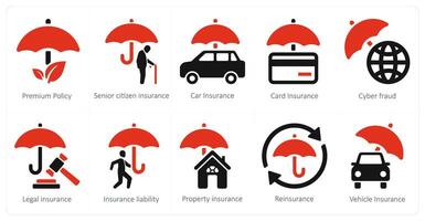 en uppsättning av 10 försäkring ikoner som premie politik, senior medborgare försäkring, bil försäkring vektor