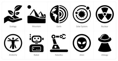 en uppsättning av 10 vetenskap och experimentera ikoner som ekologi, fjäll, jord vektor